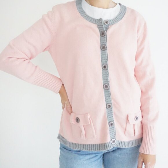 Chadwicks Of Boston Pink w Grey Trim Button Up Knit Cardigan Sweater M - Picture 2 of 10